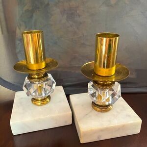 Two candle holders crystal and brass